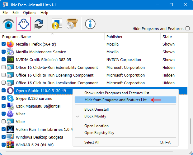 hide from uninstall list right click menu