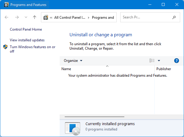 Program and features No entry