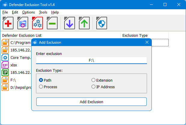 Defender exclusion tool main