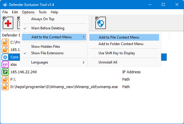 Defender exclusion tool context menu